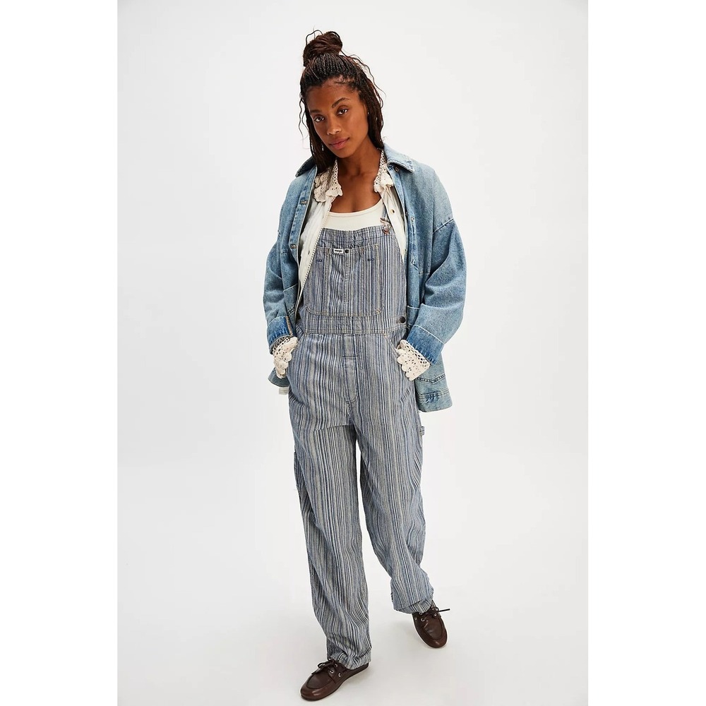 Wrangler Striped Straight Leg Overalls Blue White Classic Workwear Style Medium